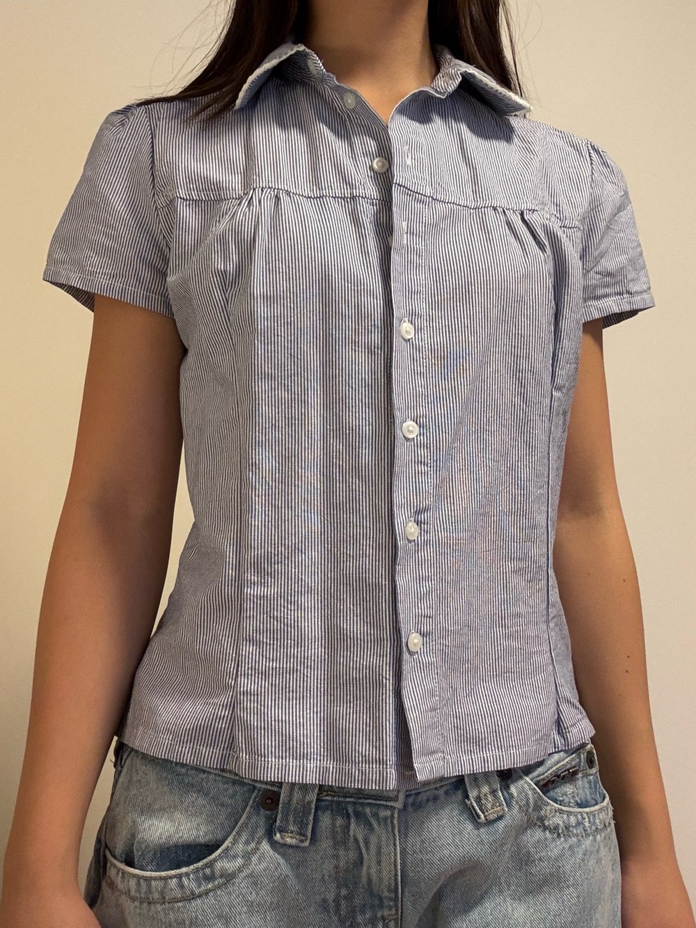 Brandy Melville Striped Short-Sleeve Button-Up Shirt Blouse in Blue